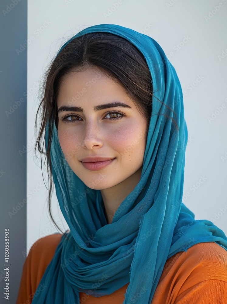 Smiling Israeli Woman with Blue Headscarf and Orange T-shirt Generative AI Smiling Israeli Woman with Blue Headscarf and Orange T-shirt Generative AI