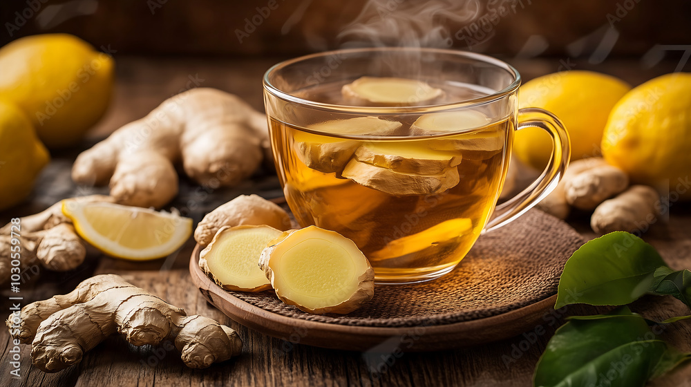 cup of ginger tea, with thin slices of fresh ginger cup of ginger tea, with thin slices of fresh ginger