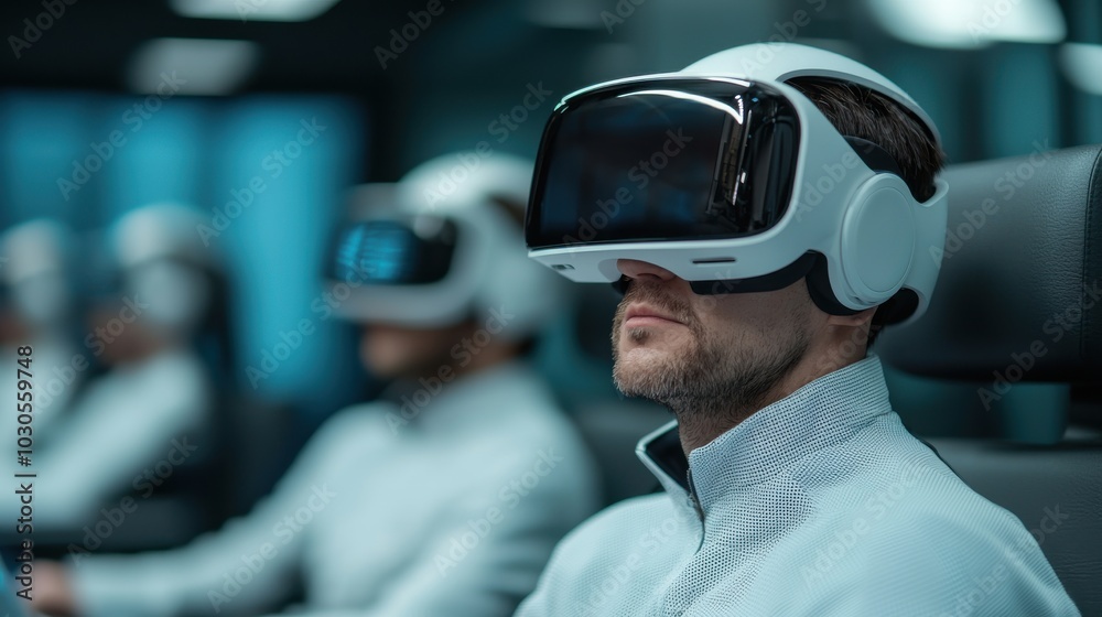 Man using virtual reality headset in a futuristic environment. Man using virtual reality headset in a futuristic environment.