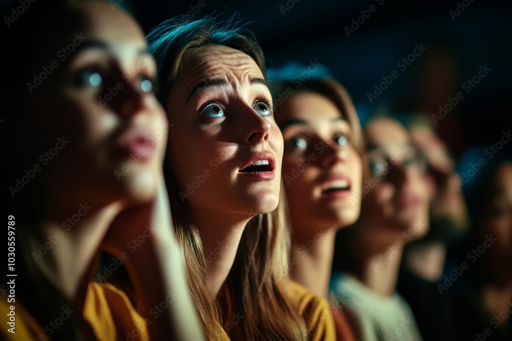 Group of young women mesmerized by a performance, showcasing awe and excitement. Group of young women mesmerized by a performance, showcasing awe and excitement.