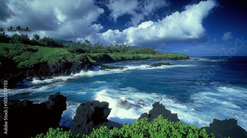 Majestic Rocky Coastal Landscape at Waianapanapa State Park with Black Sand Beaches and Waves Crashing Against Cliffs in a Dramatic Scene photo