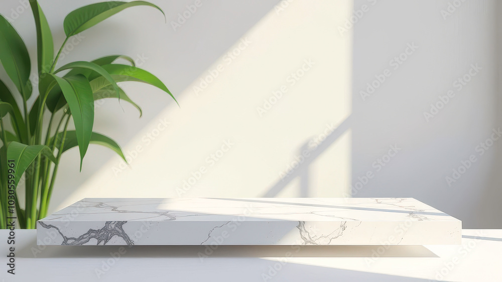 Light background with light and shadow from tree branches on wall. Podium on light marble or stone surface with green plant against wall. Abstract background template for product presentation Light background with light and shadow from tree branches on wall. Podium on light marble or stone surface with green plant against wall. Abstract background template for product presentation