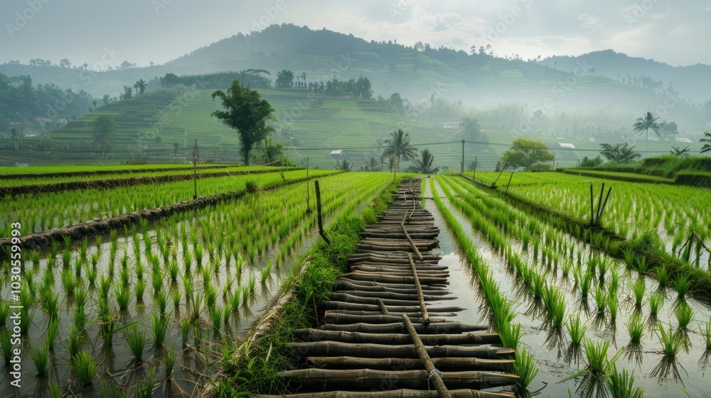 Fototapeta premium Rice Paddy Fields with Mountain View