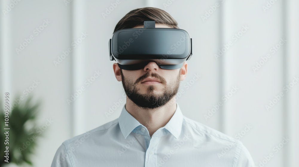 Man wearing virtual reality headset, indoor setting