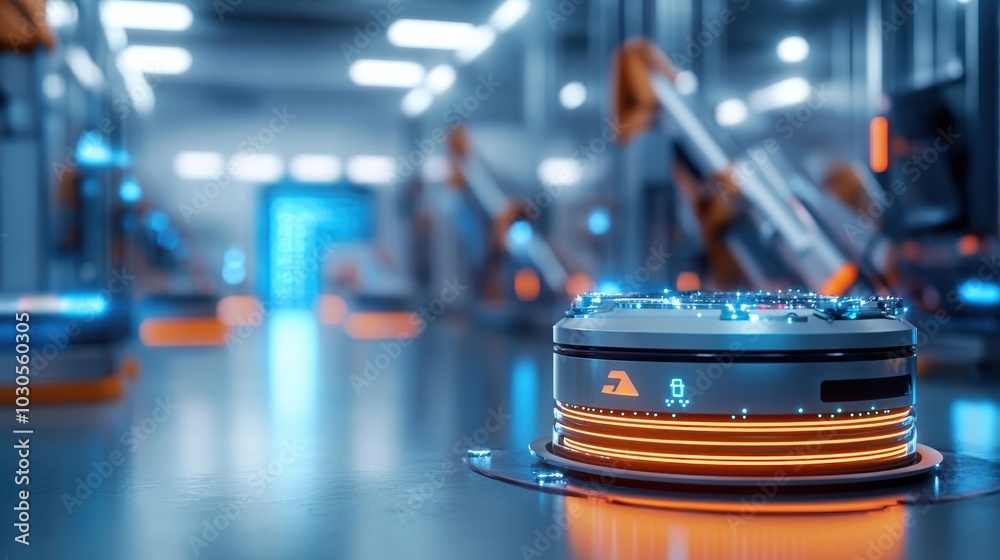 Next-gen automated distribution center, sleek robotic systems, bright neon lighting Next-gen automated distribution center, sleek robotic systems, bright neon lighting
