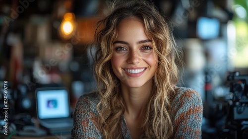 A young woman with long, wavy blonde hair smiles at the camera. She is wearing a brown and white sweater and has a natural, fresh-faced look.