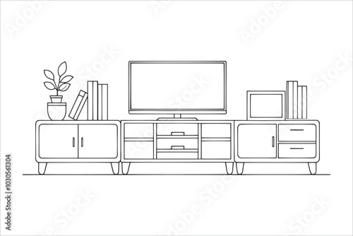 Media Cabinet Living Room Furniture isolated continuous line art flat vector illustration on white background.