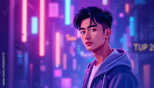 Stylish 3D Male Character in a Neon Urban Background