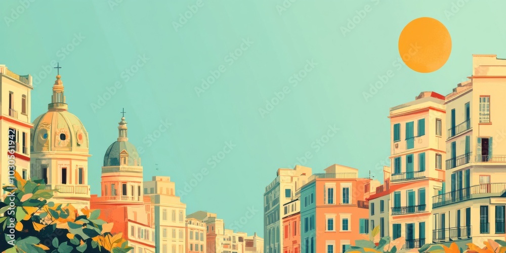 Charming Urban Landscape with Colorful Architecture and a Radiant Sun Charming Urban Landscape with Colorful Architecture and a Radiant Sun