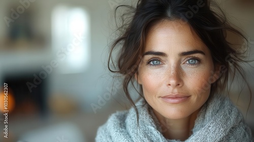 radiant middleaged woman with glowing skin gazes thoughtfully her expression thoughtful against a neutral backdrop capturing a moment of natural beauty and selfreflection