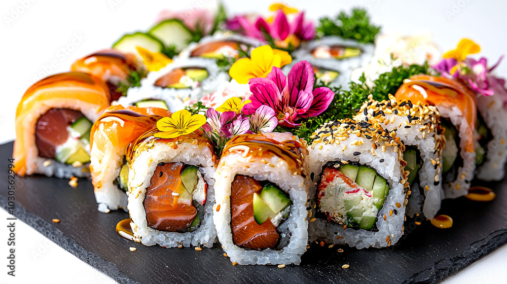 Colorful sushi platter garnished with flowers.