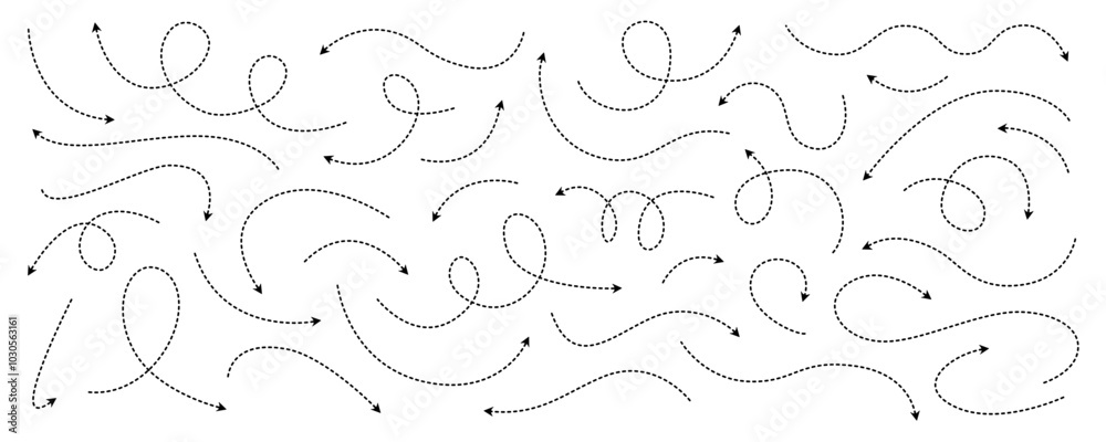 Set of hand drawn curved dotted line thin directional arrows in doodle style. Black dashed arrows collection isolated on white background. Vector illustration for infographic, poster, scheme Set of hand drawn curved dotted line thin directional arrows in doodle style. Black dashed arrows collection isolated on white background. Vector illustration for infographic, poster, scheme