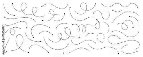 Set of hand drawn curved dotted line thin directional arrows in doodle style. Black dashed arrows collection isolated on white background. Vector illustration for infographic, poster, scheme