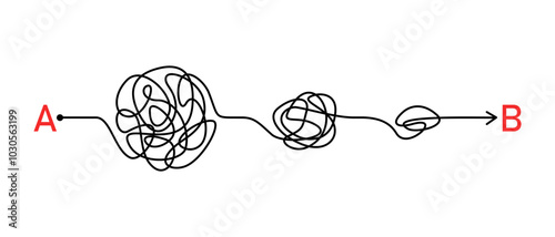 Concept of realizing idea from point A to point B moving in hard, chaos paths. Business metaphor easy way or hard way. Searching solution problem