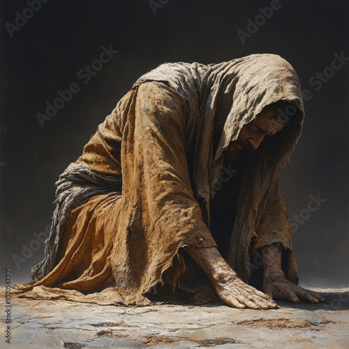 Healed Leper Man Kneeling in Worship - Biblical Scene Generative AI