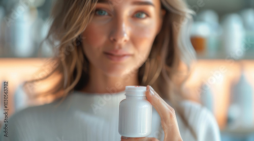 A woman holding a small bottle of weight-loss pills, looking determined and focused. The background is blurred with soft lighting, emphasizing the product and her expression. photo