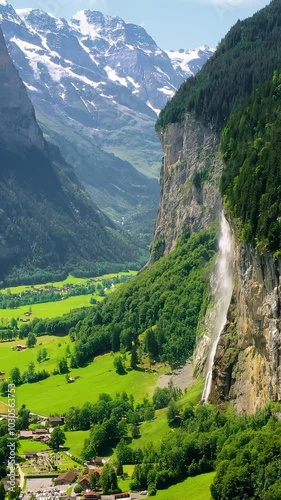 Wallpaper Mural Huge waterfall in Swiss Alpine mountains near Lauterbrunnen village, vertical video. Torontodigital.ca