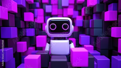 A colorful robot amid a vibrant, blocky background of purple and black, showcasing a futuristic and playful digital aesthetic.