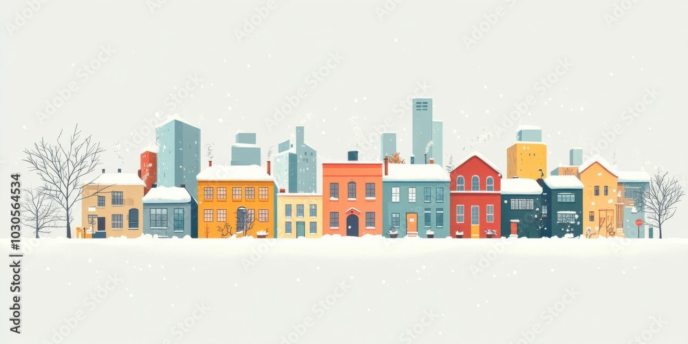 Charming Winter Landscape Featuring Colorful Homes and a Modern City Skyline Charming Winter Landscape Featuring Colorful Homes and a Modern City Skyline