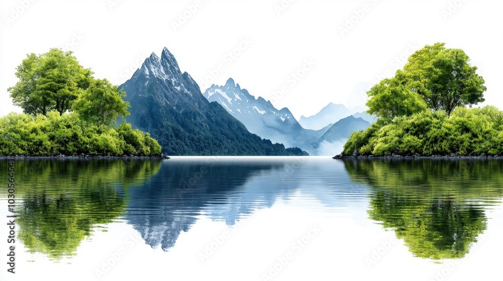 A watercolor landscape of mountains and a calm lake reflecting the sky, isolated on white background A watercolor landscape of mountains and a calm lake reflecting the sky, isolated on white background