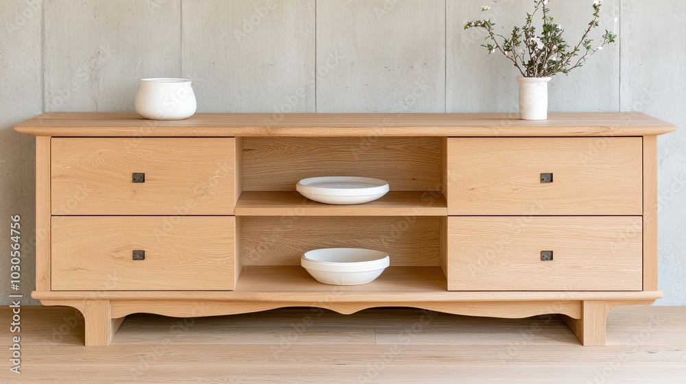 A stylish shelving unit features light wood and marble, four drawers for storage, and white ceramic pots, set against a large concrete wall in a Tokyo design store A stylish shelving unit features light wood and marble, four drawers for storage, and white ceramic pots, set against a large concrete wall in a Tokyo design store
