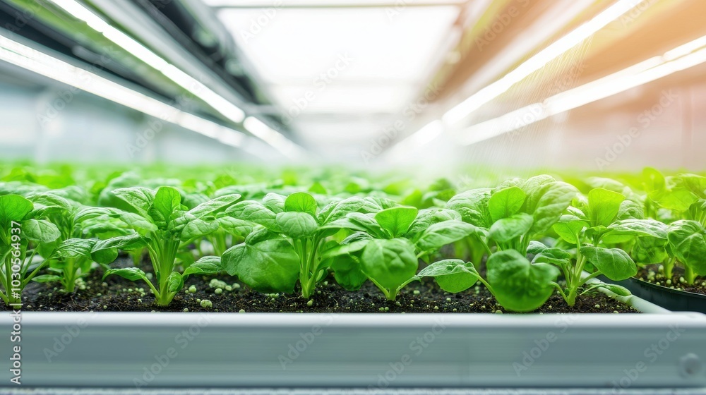 Vibrant green lettuce growing in a modern hydroponic farm under bright LED lights, showcasing the future of sustainable agriculture. Vibrant green lettuce growing in a modern hydroponic farm under bright LED lights, showcasing the future of sustainable agriculture.