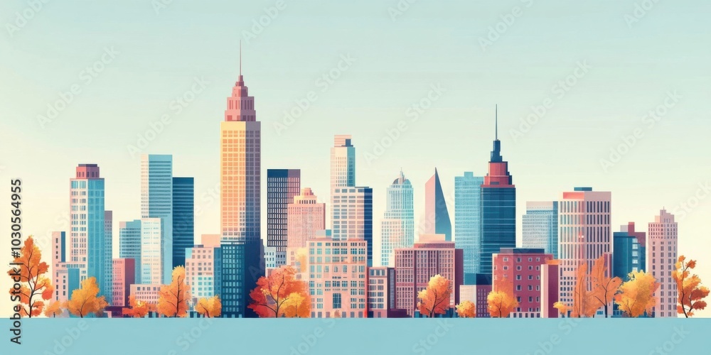 Stunning Cityscape Illustration Featuring Modern Architecture and Fall Foliage in a Vibrant Urban Skyline Stunning Cityscape Illustration Featuring Modern Architecture and Fall Foliage in a Vibrant Urban Skyline
