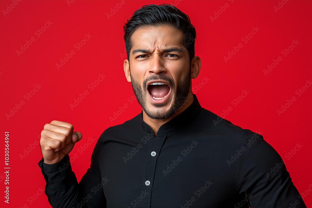 A macho man with an expressive body style, angry, fierce, dissatisfied, rebellious, fighting. Red background.
A macho man with an expressive body style, angry, fierce, dissatisfied, rebellious, fighting. Red background.
