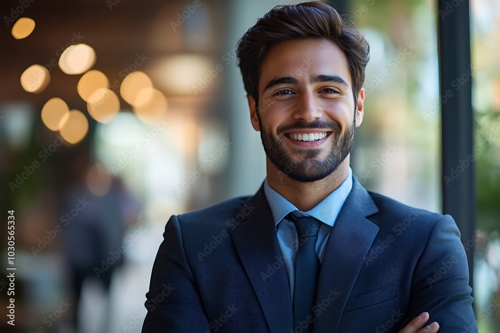 Smiling Executive with Blue Eyes Shows Determination and Optimism in Office Portrait Smiling Executive with Blue Eyes Shows Determination and Optimism in Office Portrait