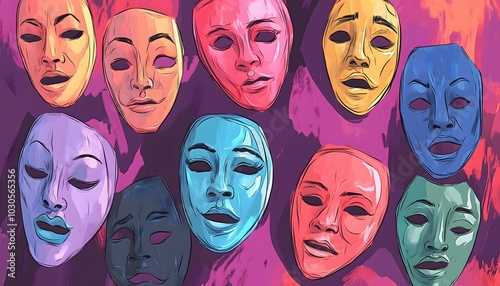 Wallpaper Mural Artistic illustration of vibrant colorful drama masks Torontodigital.ca