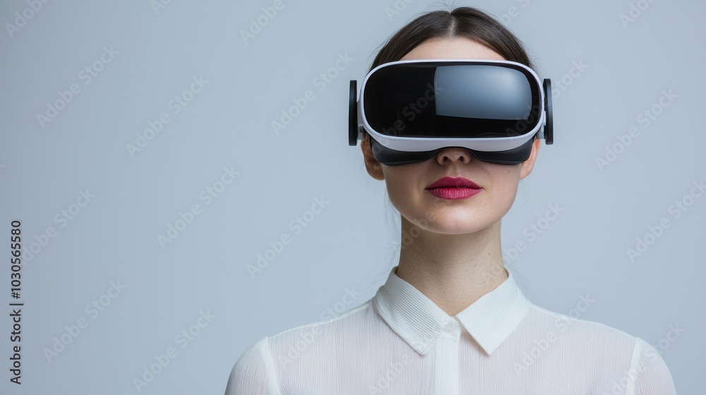Woman wearing virtual reality headset, isolated on white background Woman wearing virtual reality headset, isolated on white background