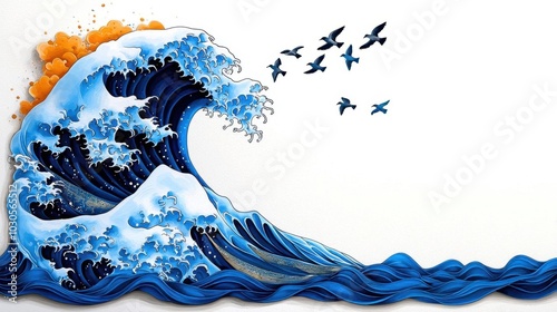 A watercolor painting of birds flying over a stormy ocean, with crashing waves, isolated on white background