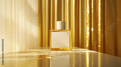 A beautifully designed perfume bottle sitting on a reflective surface with golden curtains in the background, evoking luxury and sophistication.