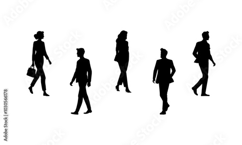 Businesspeople casually walk side view. Silhouettes of different styles of casual walking side views, male and female.