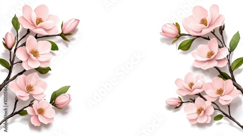 A watercolor painting of magnolia flowers blossoming on tree branches, isolated on white background