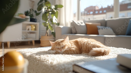 A ginger cat naps peacefully on a fluffy rug in a sun-drenched living room. photo