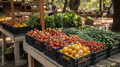 A farmer market in a city park, with stalls overflowing with fresh produce grown by local urban gardeners, the essence of city-grown food.