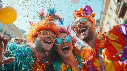 Group of friends in bright carnival attire