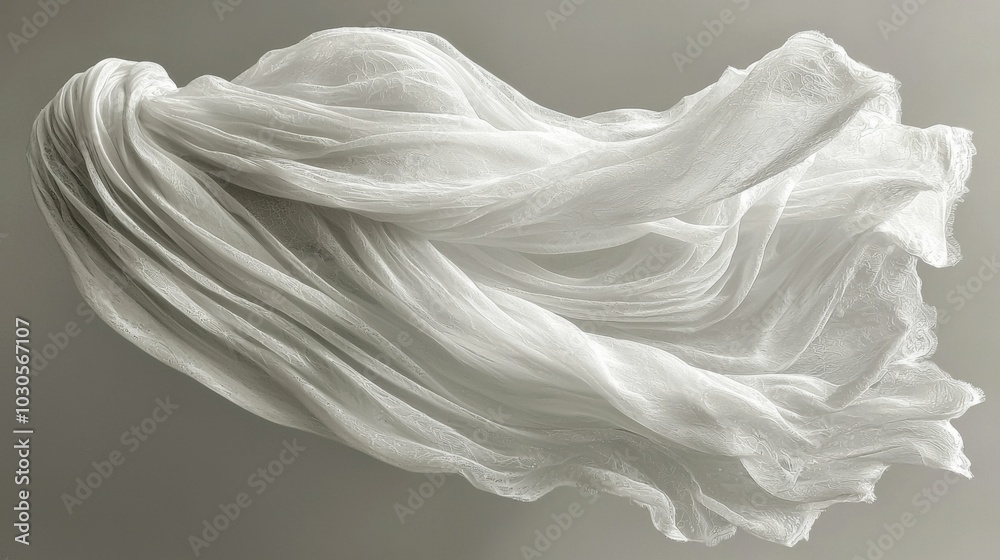 A delicate white fabric drapes gracefully against a plain background, showcasing its soft texture and fluid motion, perfect for design applications.