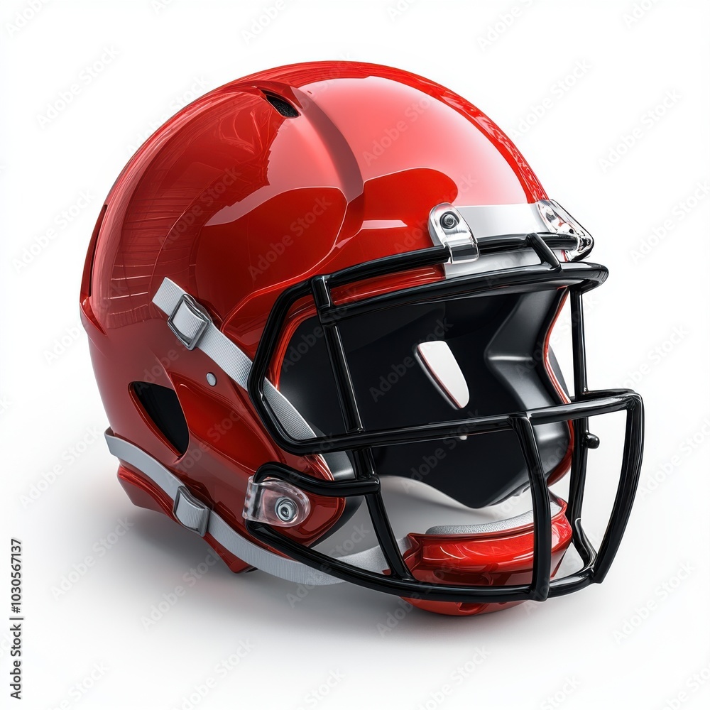 Fototapeta premium Red football helmet with black face guard on white background