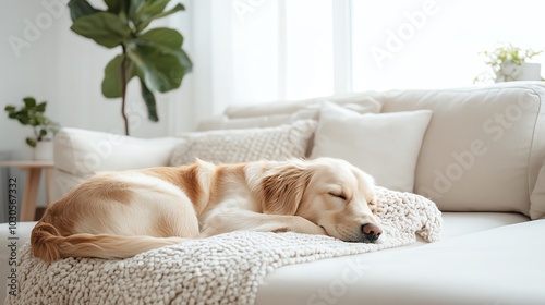 A golden retriever dog sleeping peacefully on a white couch with pillows. The dog is curled up and appears to be very comfortable.