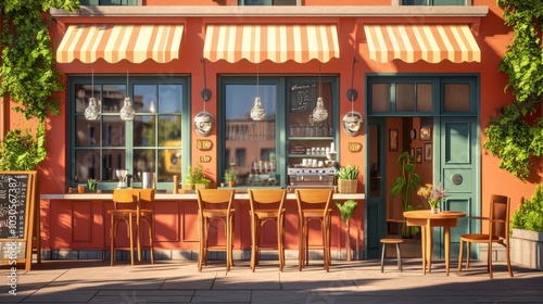 Cartoon facade of a cozy caf with large windows and a bar counter, perfect for a fun and vibrant 3D interior mockup.