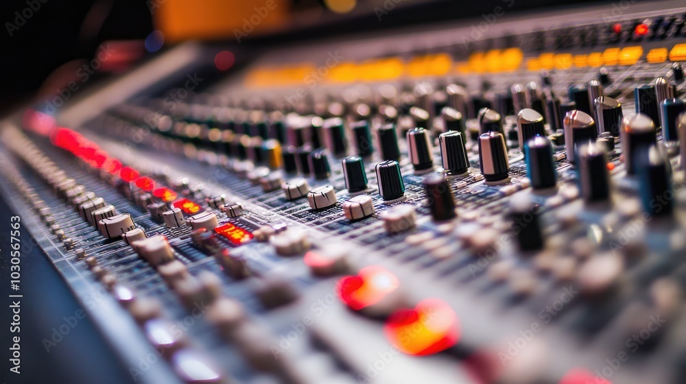 Close-up of a professional audio mixing board in a sound studio, showing dials and controls during a live music recording session. Close-up of a professional audio mixing board in a sound studio, showing dials and controls during a live music recording session.