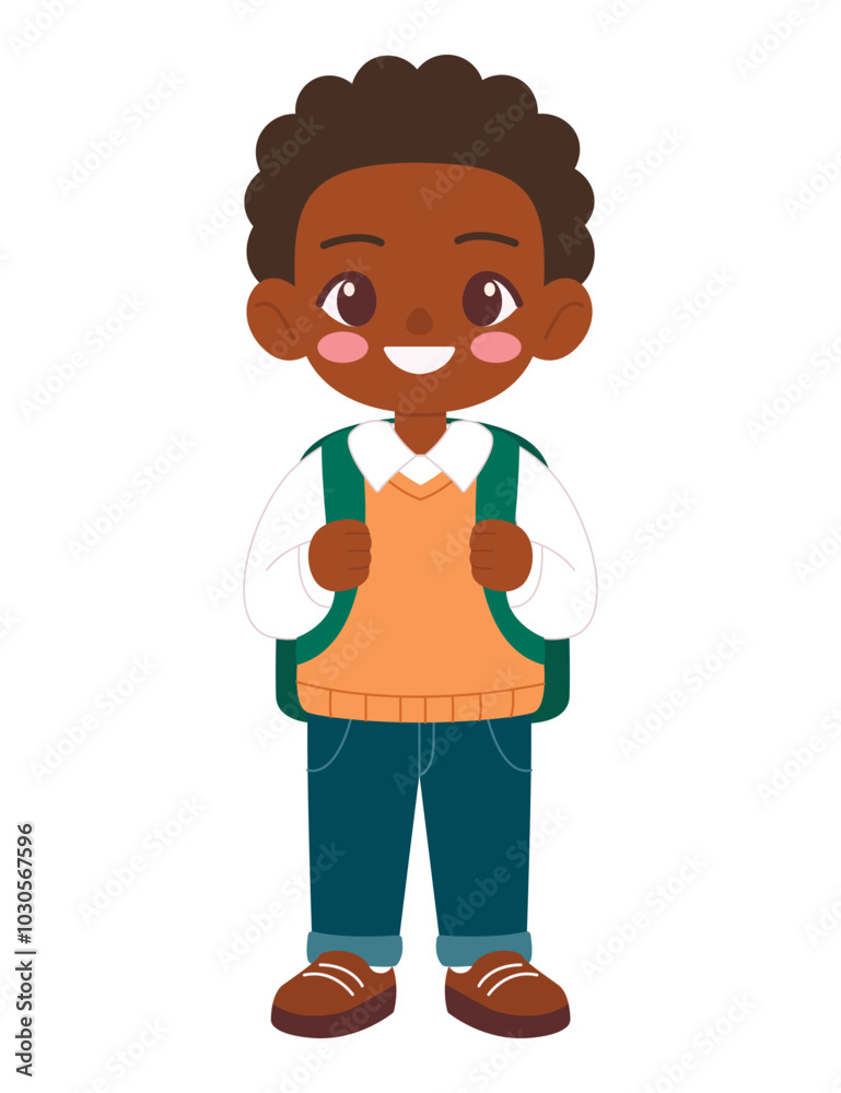 Little schoolboy with backpack isolated on white background. Flat vector illustration. Education theme Little schoolboy with backpack isolated on white background. Flat vector illustration. Education theme
