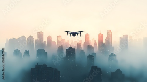 Aerial View of Drone Over Foggy Cityscape at Dusk