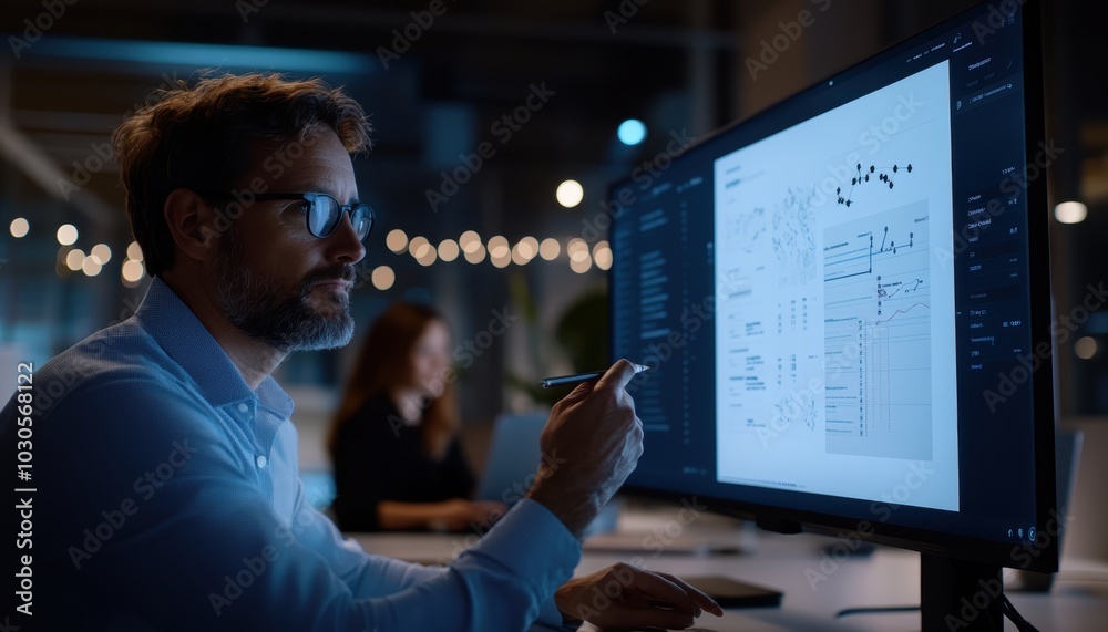 A focused manager reviews project timelines on a large screen in a modern office setting. The atmosphere promotes collaboration and strategic planning. A focused manager reviews project timelines on a large screen in a modern office setting. The atmosphere promotes collaboration and strategic planning.