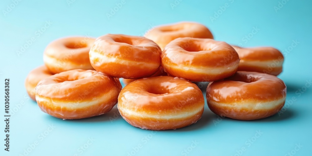 Glazed Donuts Piled Together on a Soft Blue Canvas Glazed Donuts Piled Together on a Soft Blue Canvas