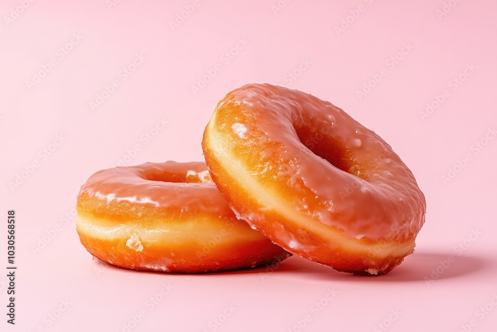 Two Irresistibly Bitten Glazed Donuts on a Delicate Pink Surface