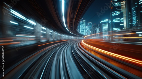 Explore a vibrant night scene showcasing a train track in an urban landscape, illuminated by dynamic city lights, emphasizing speed and motion.