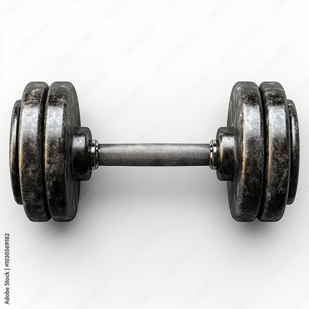 Naklejka premium Vintage dumbbell on white background, symbolizing strength and fitness history